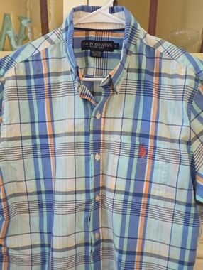 U.S. Polo Assn. Light Blue, Blue & Orange Plaid Button-Down Shirt